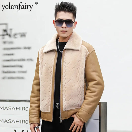 Original Leather and Fur Integrated Coat Men's Winter Lamb Fur Jacket Coats Fashion Male Warm Genuine Leather Clothing FCY5640