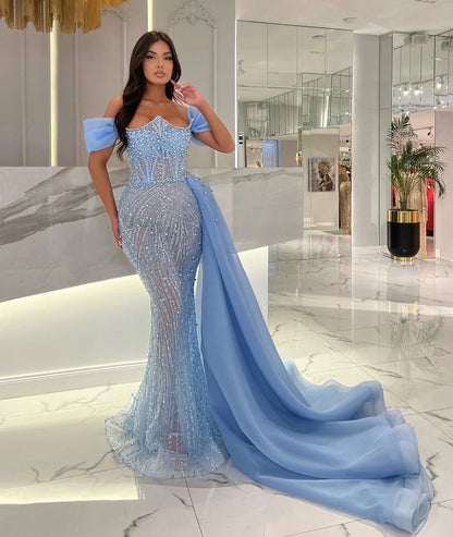 Elegant Blue Prom Dresses For Women Off Shoulder Beading Sequins Pearls Evening Dresses Customized Robe De Soirée