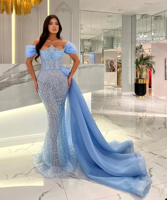 Elegant Blue Prom Dresses For Women Off Shoulder Beading Sequins Pearls Evening Dresses Customized Robe De Soirée