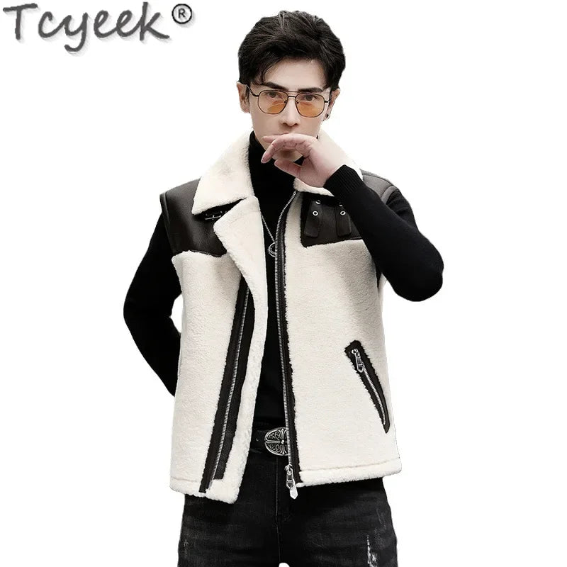 Tcyeek Natural Fur Vest for Men Genuine Leather Jacket Sleeveless Fashion Real Sheepskin Fur Jackets Man Clothing Winter Vests