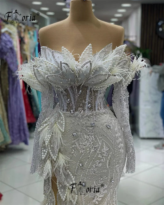 Elegant Dubai Crystals Mermaid Formal Evening Dresses Beads 3D Appliques Arabic Prom Dress Ivory Party Gown 2023 robes de soirée