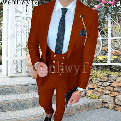 Gwenhwyfar New Men Suits 3 Pieces (Coat+Vest+Pants) Peaked Lapel Ensemble Homme For Formal Slim Fit Casual Blazer Sets