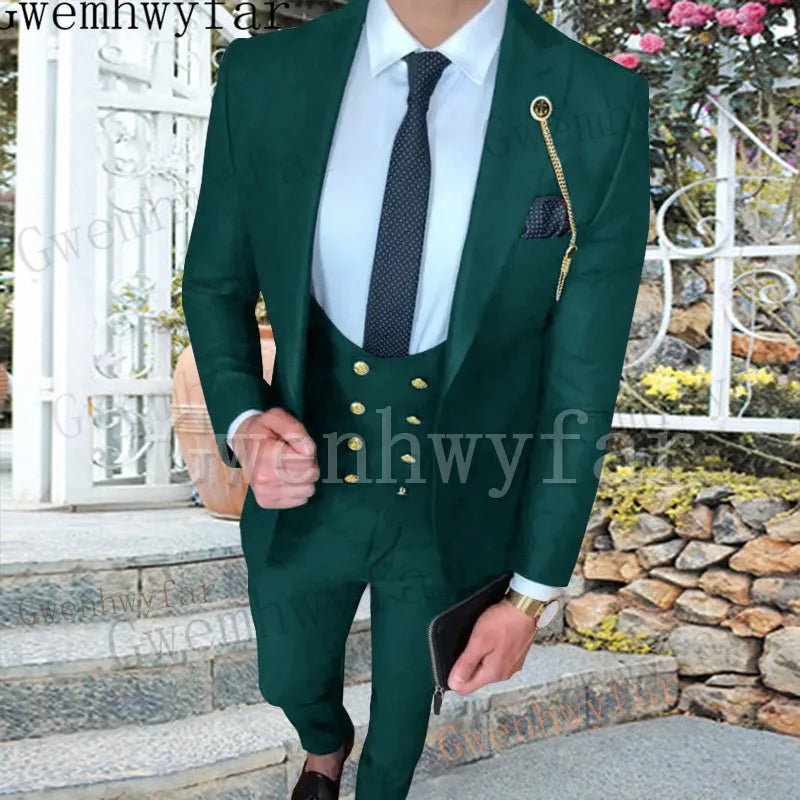 Gwenhwyfar New Men Suits 3 Pieces (Coat+Vest+Pants) Peaked Lapel Ensemble Homme For Formal Slim Fit Casual Blazer Sets