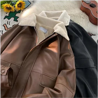 Y2K Fashion Lapel Leather Coat Cotton-padded Jacket Coat Women High Street  Vintage Casual Bomber Jackets Cotton-padded