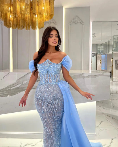 Elegant Blue Prom Dresses For Women Off Shoulder Beading Sequins Pearls Evening Dresses Customized Robe De Soirée