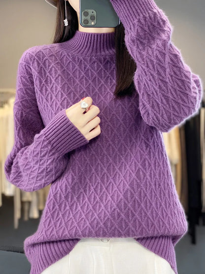 Autumn Winter Women Mock Neck Diamond Lattice Pullover Thickening Sweater 100% Merino Wool Clothing Cashmere Knitwear Female Top