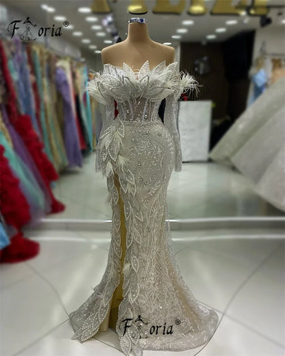 Elegant Dubai Crystals Mermaid Formal Evening Dresses Beads 3D Appliques Arabic Prom Dress Ivory Party Gown 2023 robes de soirée