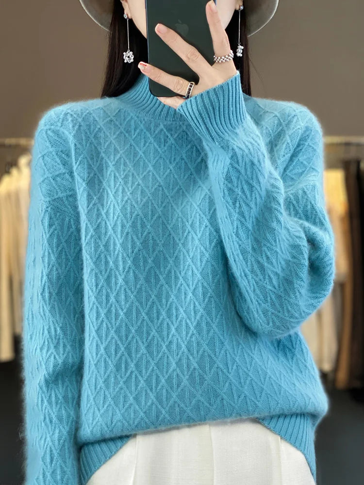 Autumn Winter Women Mock Neck Diamond Lattice Pullover Thickening Sweater 100% Merino Wool Clothing Cashmere Knitwear Female Top