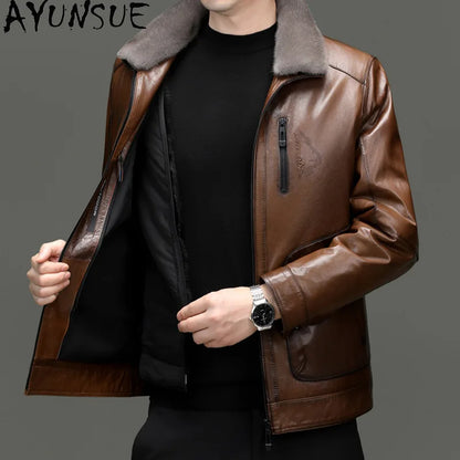 AYUNSUE Genuine Leather Jacket Men Real Sheepskin Mens Jacket Mink Fur Liner Leather Jacket Men High Quality Veste En Cuir Homme