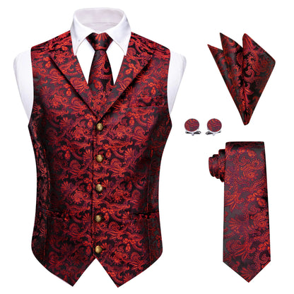 Classic Red Black Vest for Man Wedding Groom Fashion Men's Waistcoat Luxury Pocket Square Cufflink chaleco hombre Party Business