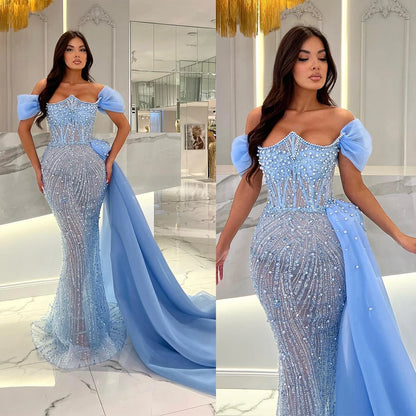 Elegant Blue Prom Dresses For Women Off Shoulder Beading Sequins Pearls Evening Dresses Customized Robe De Soirée