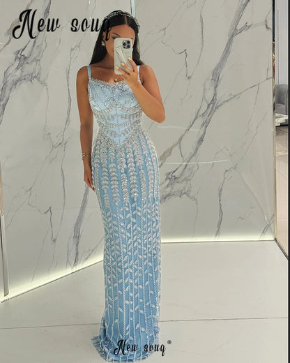 Sleeveless Straight Blue Party Dresses Luxury Women Heavy Wedding Guest Gowns Robes De Soirée Birthday Dress 2024 Customizable