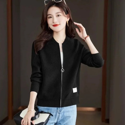 Zip-up Knitted Bomber Jacket for Women Plain Fashion Elegant Modern Korean Reviews Clothes Baseball Aviator Coat Woman Vintage