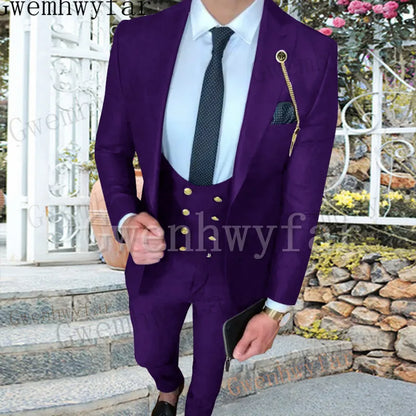 Gwenhwyfar New Men Suits 3 Pieces (Coat+Vest+Pants) Peaked Lapel Ensemble Homme For Formal Slim Fit Casual Blazer Sets