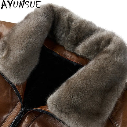 AYUNSUE Genuine Leather Jacket Men Real Sheepskin Mens Jacket Mink Fur Liner Leather Jacket Men High Quality Veste En Cuir Homme