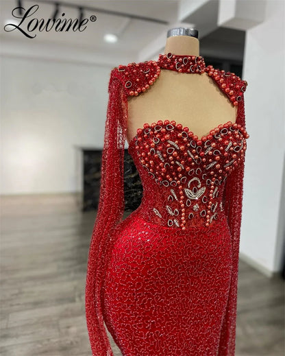 Red Cape Sleeve Long Party Dress Arabic Two Pieces Mermaid Prom Dresses Customized Customized Robes De Soirée Evening Gowns 2025