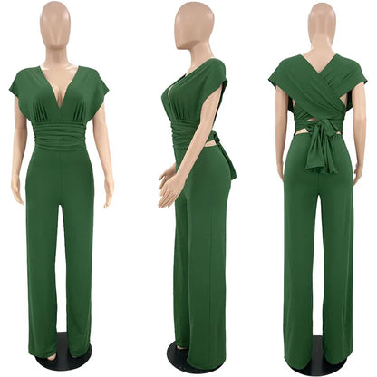 Workwear Elegant Jumpsuit Women 2023 Summer V-neck High Waist Wide Leg Romper Office Lady Party Club Overalls Combinaison Femme