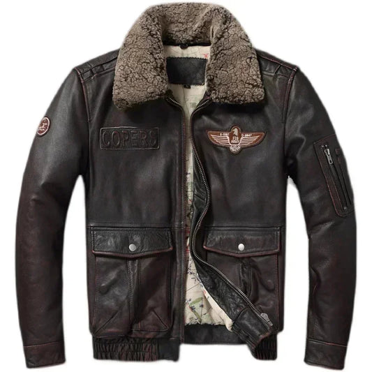 Vintage Genuine Leather Jacket Men Flight Jackets Natural Fur Collar Aviation Bomber Coats Mens Motorcycle Biker