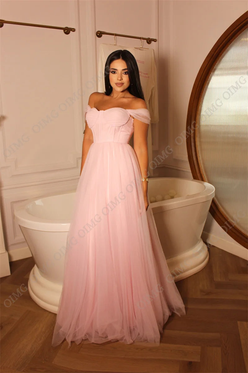 OIMG Blush Pink Long Formal Party Prom Dress Gown 2024 Off Shoulder A-Line Evening Party Dresses Pleated Tulle Formal Gowns