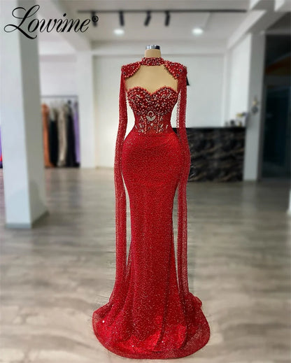 Red Cape Sleeve Long Party Dress Arabic Two Pieces Mermaid Prom Dresses Customized Customized Robes De Soirée Evening Gowns 2025