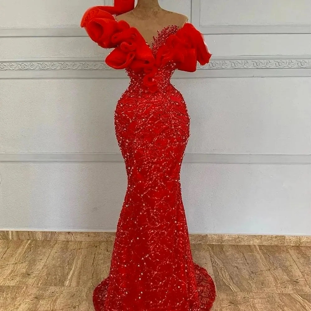 Ruffles Off Shoulder Sparkly Sequins Prom Dresses Mermaid Formal Evening Gowns African Pageant Special Occasion Wear Customized