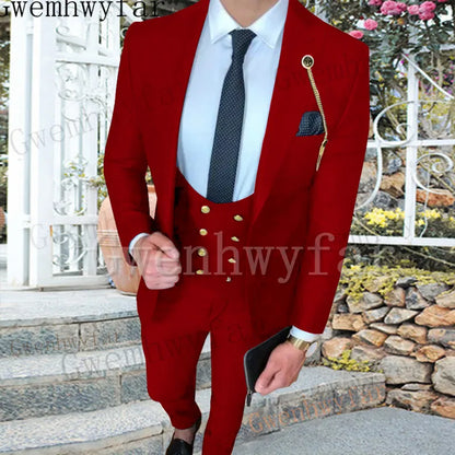 Gwenhwyfar New Men Suits 3 Pieces (Coat+Vest+Pants) Peaked Lapel Ensemble Homme For Formal Slim Fit Casual Blazer Sets