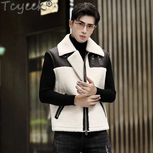 Tcyeek Natural Fur Vest for Men Genuine Leather Jacket Sleeveless Fashion Real Sheepskin Fur Jackets Man Clothing Winter Vests