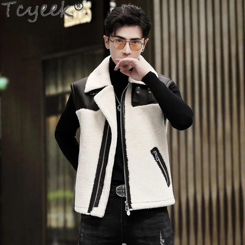 Tcyeek Natural Fur Vest for Men Genuine Leather Jacket Sleeveless Fashion Real Sheepskin Fur Jackets Man Clothing Winter Vests