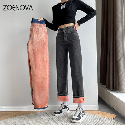 ZOENOVA Winter New Women Thick Velvet Jeans Fleece Full Length Fashion High Waist Wide Leg Pants Jean Casual Warm Denim Trousers