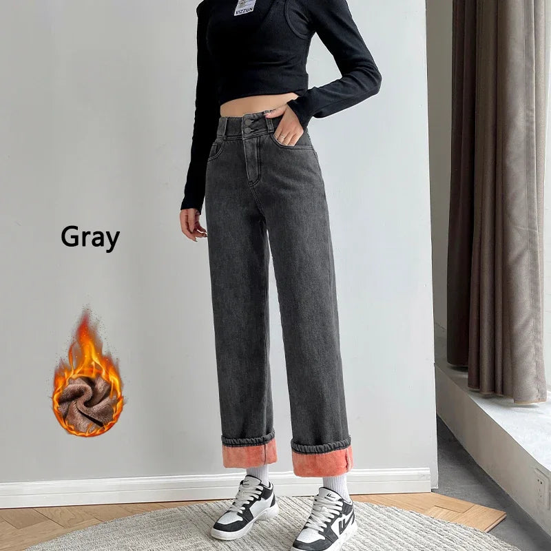 ZOENOVA Winter New Women Thick Velvet Jeans Fleece Full Length Fashion High Waist Wide Leg Pants Jean Casual Warm Denim Trousers