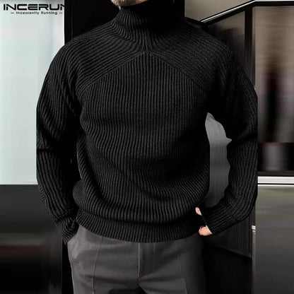 INCERUN Men Pullovers Solid Color Turtleneck Long Sleeve Streetwear Casual Male Sweaters 2024 Knitted Fashion Men Clothing S-5XL