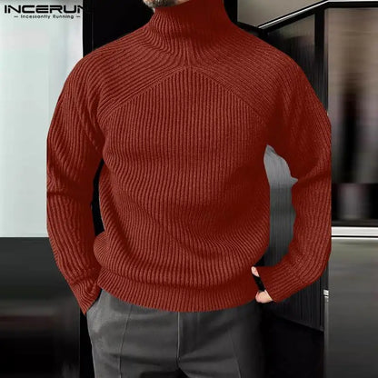 INCERUN Men Pullovers Solid Color Turtleneck Long Sleeve Streetwear Casual Male Sweaters 2024 Knitted Fashion Men Clothing S-5XL