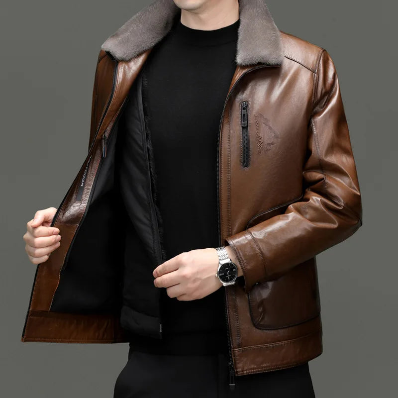 AYUNSUE Genuine Leather Jacket Men Real Sheepskin Mens Jacket Mink Fur Liner Leather Jacket Men High Quality Veste En Cuir Homme