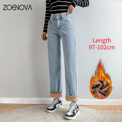 ZOENOVA Winter New Women Thick Velvet Jeans Fleece Full Length Fashion High Waist Wide Leg Pants Jean Casual Warm Denim Trousers