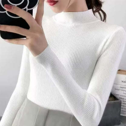 Autumn Winter Mock Neck Women Sweater Vintage Basic Solid Knitted Tops Casual Slim Pullover Korean Sweaters Simple Chic Jumpers