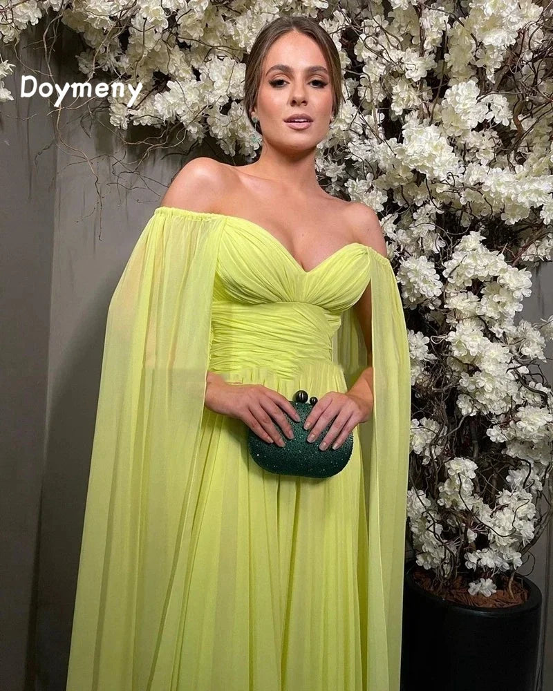 Doymeny Off Shoulder Chiffon Evening Dresses Long Sleeves A-line Pleat Robes De Soirée Long Vestidos De Gala Party Dresses