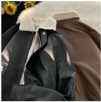 Y2K Fashion Lapel Leather Coat Cotton-padded Jacket Coat Women High Street  Vintage Casual Bomber Jackets Cotton-padded