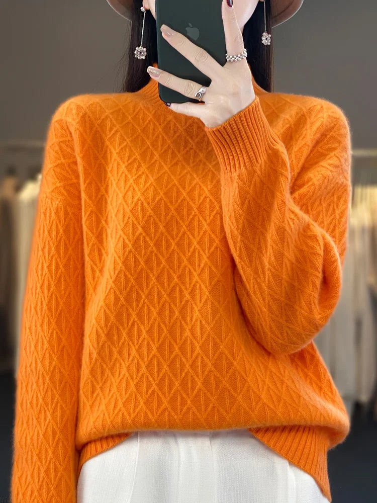 Autumn Winter Women Mock Neck Diamond Lattice Pullover Thickening Sweater 100% Merino Wool Clothing Cashmere Knitwear Female Top