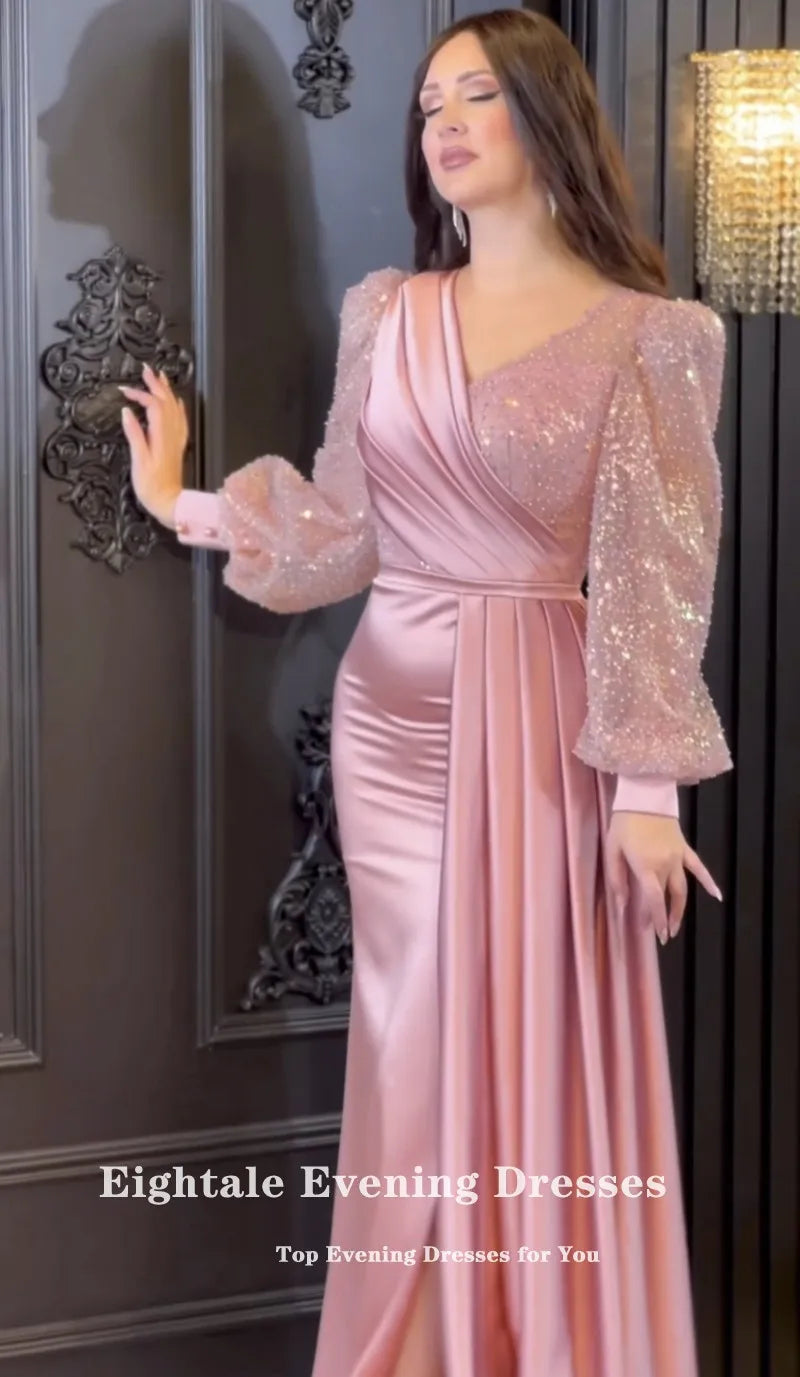 Eightale Luxury Evening Dresses V-Neck Sequined Long Sleeves Customized Color Arabic Prom Wedding Party Gown Robe De Soiree