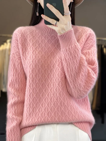 Autumn Winter Women Mock Neck Diamond Lattice Pullover Thickening Sweater 100% Merino Wool Clothing Cashmere Knitwear Female Top