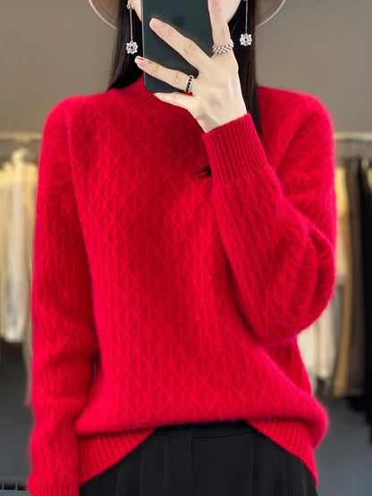 Autumn Winter Women Mock Neck Diamond Lattice Pullover Thickening Sweater 100% Merino Wool Clothing Cashmere Knitwear Female Top