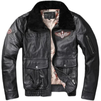 Vintage Genuine Leather Jacket Men Flight Jackets Natural Fur Collar Aviation Bomber Coats Mens Motorcycle Biker