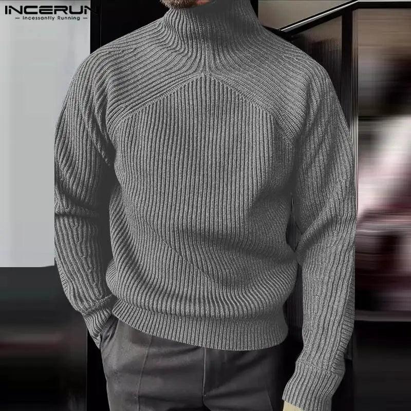 INCERUN Men Pullovers Solid Color Turtleneck Long Sleeve Streetwear Casual Male Sweaters 2024 Knitted Fashion Men Clothing S-5XL