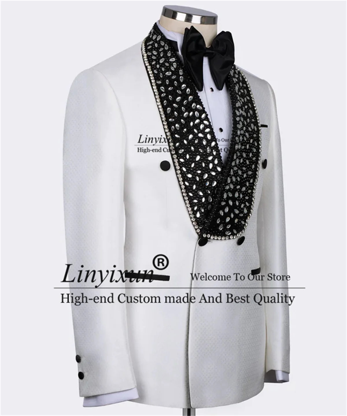 Black Gem Stone White Laleped Wedding Tuxedos Luxury Beadeds Men Suits Customized Party Prom Blazers Terno Masculino Completo