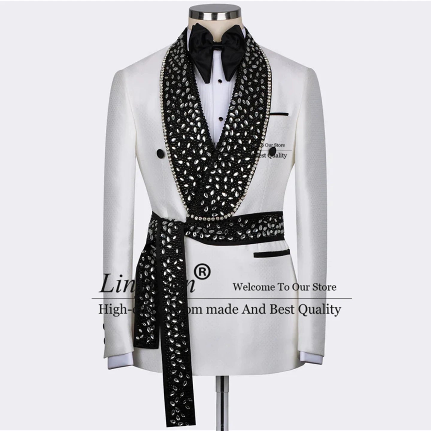 Black Gem Stone White Laleped Wedding Tuxedos Luxury Beadeds Men Suits Customized Party Prom Blazers Terno Masculino Completo