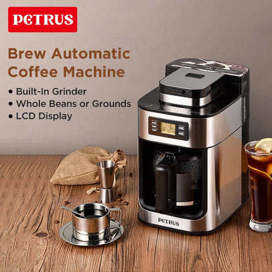 Petrus Automactic Coffee Machine Stainless Steel Drip Coffee Maker 10-cup With Built-In Grinder and Brew Strength Control