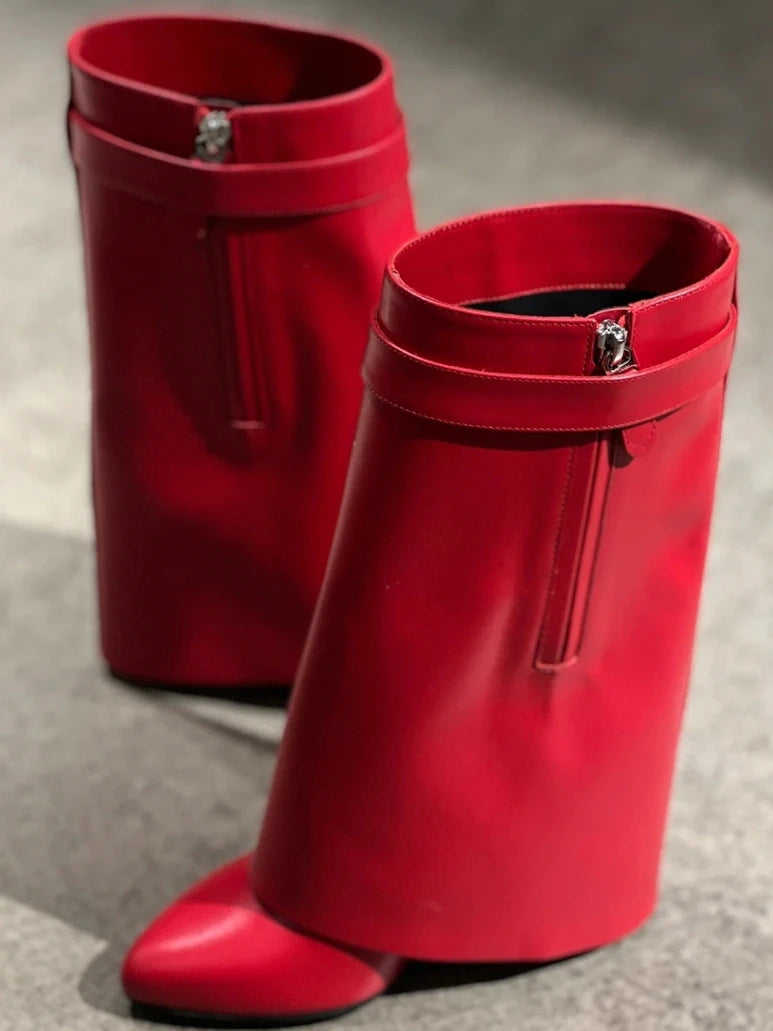 2025 Lock Decor Pants Boots Women's Wedge Boots Black Fold Knee High Heel Boots Padlock Women's Botas Mujer Over size 44 Shoes