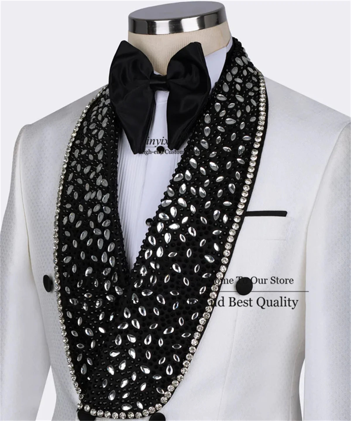 Black Gem Stone White Laleped Wedding Tuxedos Luxury Beadeds Men Suits Customized Party Prom Blazers Terno Masculino Completo