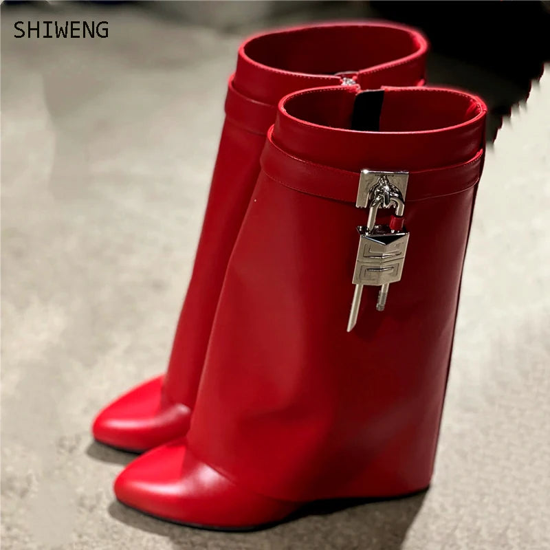 2025 Lock Decor Pants Boots Women's Wedge Boots Black Fold Knee High Heel Boots Padlock Women's Botas Mujer Over size 44 Shoes