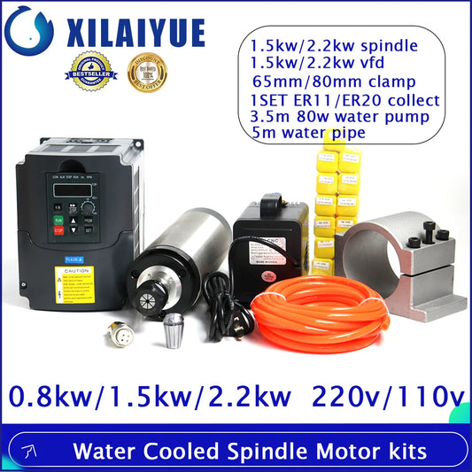 0.8KW/1.5KW/2.2KW Water Cooled Spindle Motor+Inverter VFD+ 65mm/80mm clamp + 80w water pump +ER11/ER20 Collet